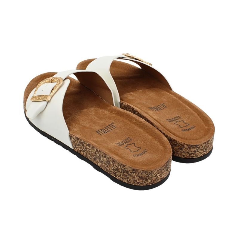 Fashion, accesorii si bijuterii - Femei - Incaltaminte femei - Slapi si papuci femei - Papuci de dama, albi, cu catarama aurie, Perletti, 37 EU - Infinity.ro