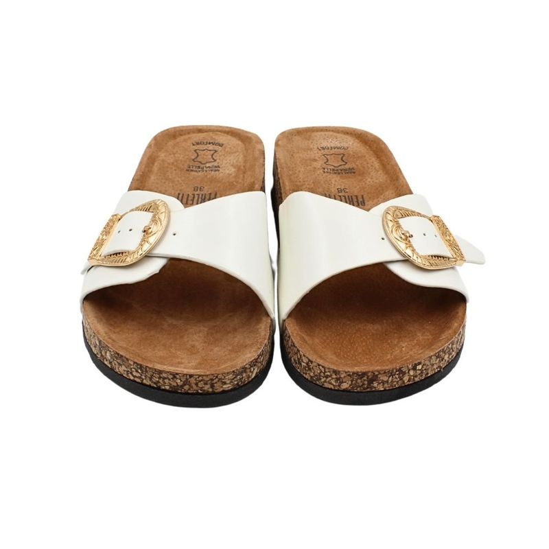 Fashion, accesorii si bijuterii - Femei - Incaltaminte femei - Slapi si papuci femei - Papuci de dama, albi, cu catarama aurie, Perletti, 37 EU - Infinity.ro