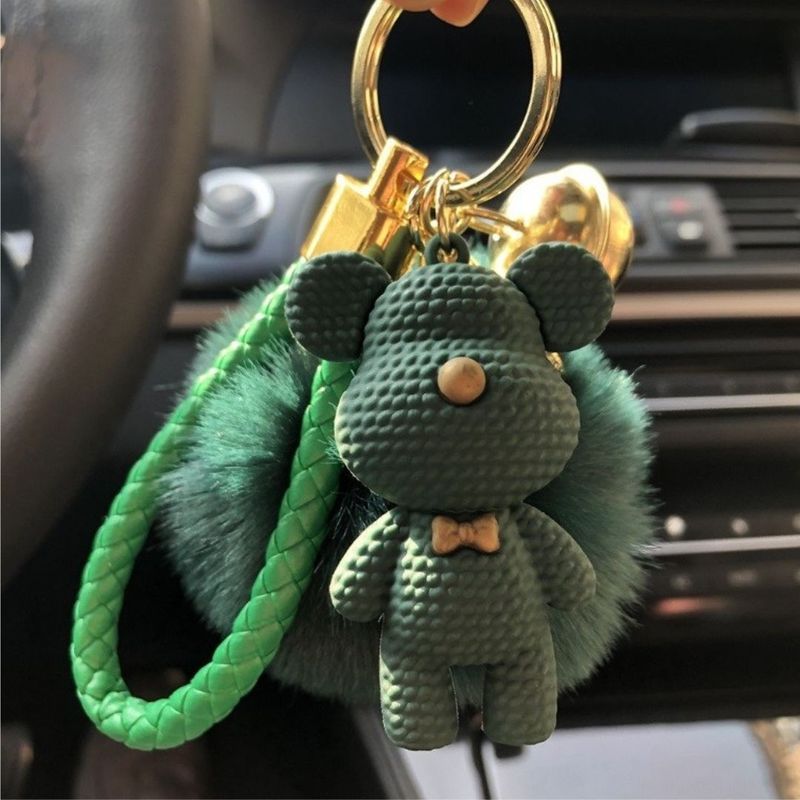Fashion, accesorii si bijuterii - Femei - Accesorii femei - Alte accesorii femei - Breloc verde cu puf, ursulet si fundita „Love is Eternal” – Accesoriu chic pentru chei sau geanta - Infinity.ro