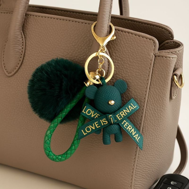 Fashion, accesorii si bijuterii - Femei - Accesorii femei - Alte accesorii femei - Breloc verde cu puf, ursulet si fundita „Love is Eternal” – Accesoriu chic pentru chei sau geanta - Infinity.ro