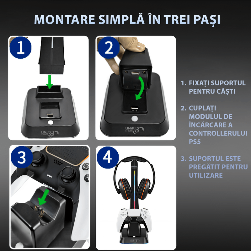 PC, gaming si accesorii - Gaming - Accesorii gaming - Controlere, Volane si Casti gaming - Statie Incarcare Controller PS5, Suport Casti, Iluminare RGB , Indicator LED, 2 Porturi USB, Compatibil DualSense / Edge - Infinity.ro
