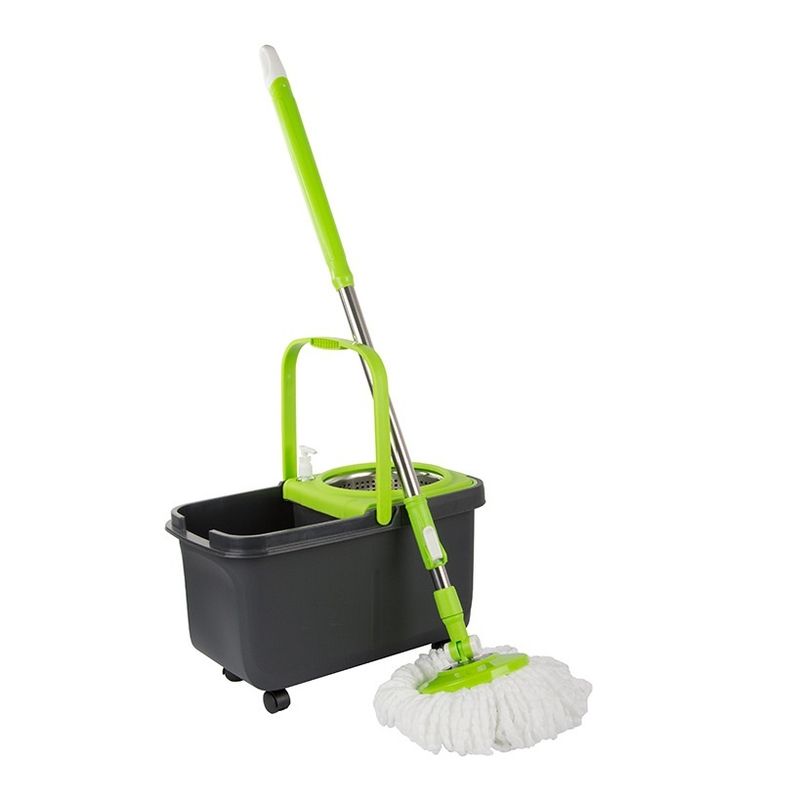 Market - Curatenie si intretinere casa - Produse menaj - Mopuri - Set cu galeata si mop cu stoarcere rotativa, plastic-metal, maner telescopic 94-126cm lungime, negru-verde - Infinity.ro