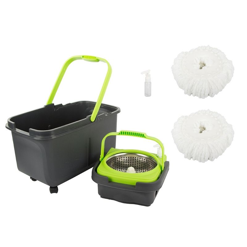 Market - Curatenie si intretinere casa - Produse menaj - Mopuri - Set cu galeata si mop cu stoarcere rotativa, plastic-metal, maner telescopic 94-126cm lungime, negru-verde - Infinity.ro