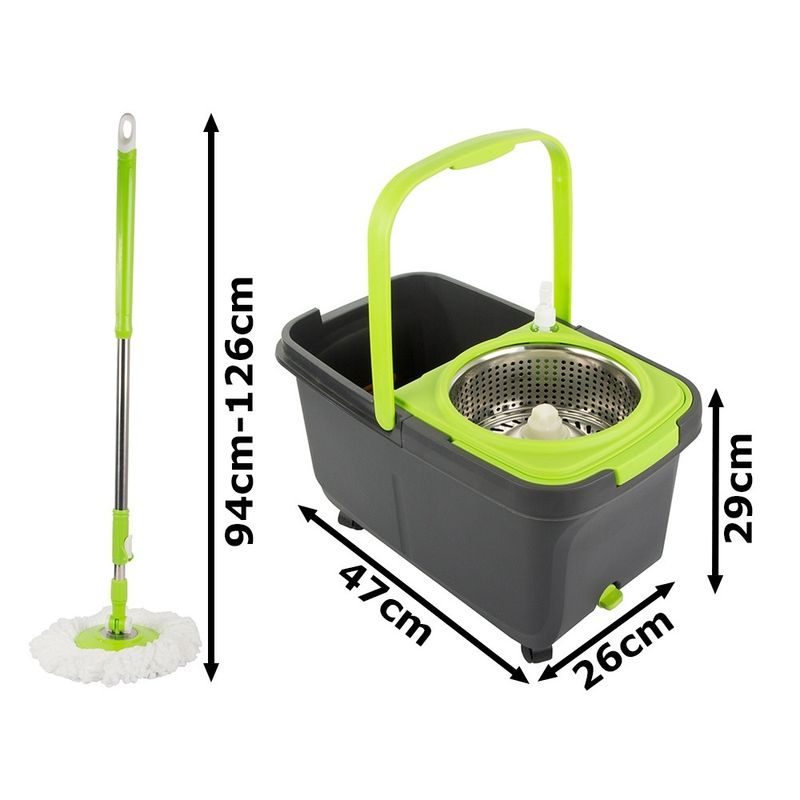Market - Curatenie si intretinere casa - Produse menaj - Mopuri - Set cu galeata si mop cu stoarcere rotativa, plastic-metal, maner telescopic 94-126cm lungime, negru-verde - Infinity.ro