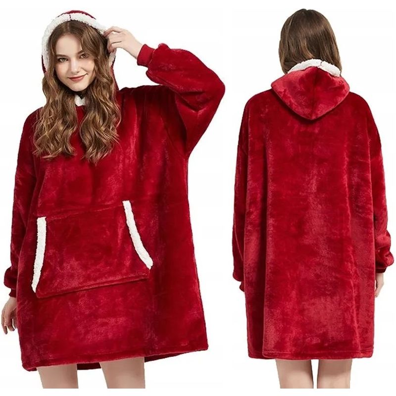 Casa si Gradina - Textile si covoare - Pături și cuverturi - Pături - Hanorac paturica cu buzunar tip cangur si gluga, material fleece calduros, 78x85cm, rosu - Infinity.ro