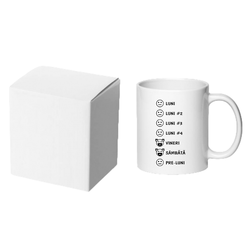 Casa si Gradina - Bucatarie si vesela - Cani si pahare - Cani si cesti - Cana alba ceramica personalizata Zilele saptamanii, INOVATIX®. 330ml - Infinity.ro