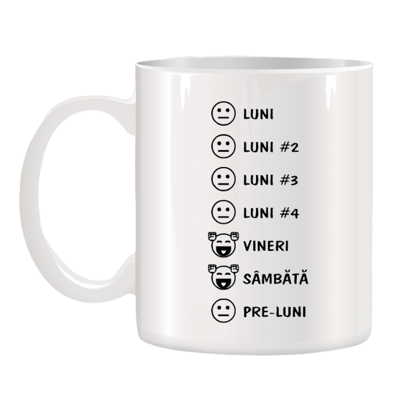 Casa si Gradina - Bucatarie si vesela - Cani si pahare - Cani si cesti - Cana alba ceramica personalizata Zilele saptamanii, INOVATIX®. 330ml - Infinity.ro