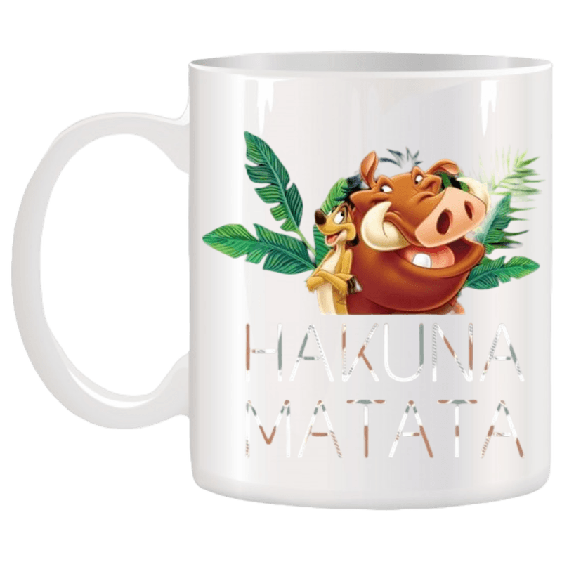 Casa si Gradina - Bucatarie si vesela - Cani si pahare - Cani si cesti - Cana alba personalizata HAKUNA MATATA, TIMON si PUMBAA, INOVATIX®. 330ml - Infinity.ro