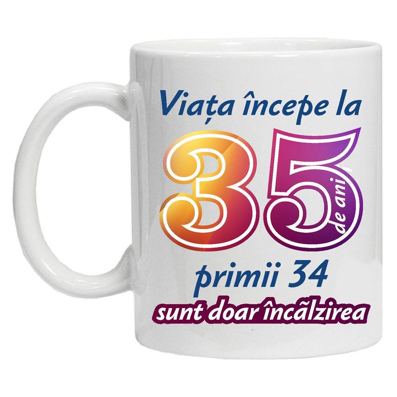 Casa si Gradina - Bucatarie si vesela - Cani si pahare - Cani si cesti - Cana alba personalizata " Viata incepe la " 35 ani, INOVATIX®. 330ml - Infinity.ro