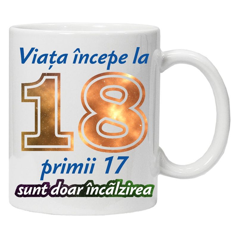 Casa si Gradina - Bucatarie si vesela - Cani si pahare - Cani si cesti - Cana alba personalizata " Viata incepe la " 18 ani, INOVATIX®. 330ml - Infinity.ro