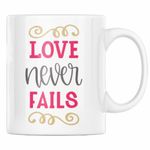 Casa si Gradina - Bucatarie si vesela - Cani si pahare - Cani si cesti - Cana alba personalizata "Dragostea nu dezamageste niciodata", INOVATIX®. 330ml - Infinity.ro