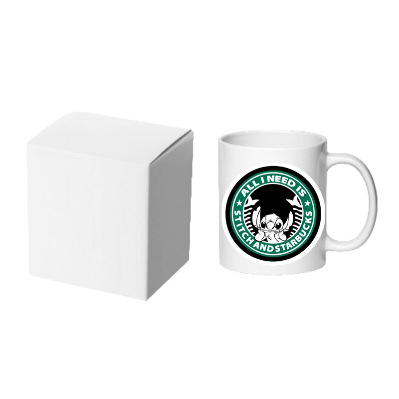 Casa si Gradina - Bucatarie si vesela - Cani si pahare - Cani si cesti - Cana alba personalizata Stitch and Starbucks, INOVATIX®. 330ml - Infinity.ro