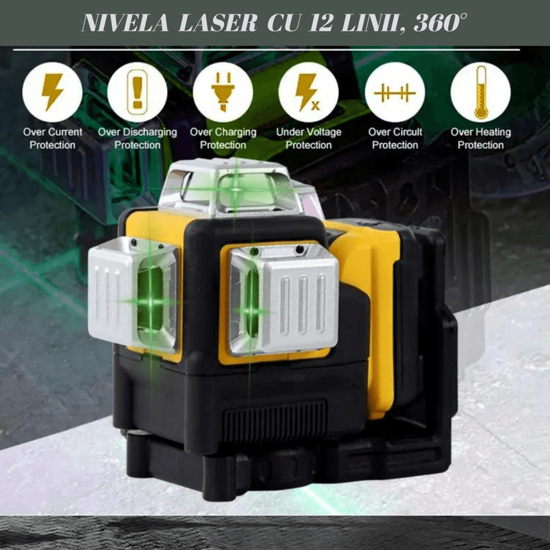 Casa si Gradina - Constructii - Scule electrice si accesorii - Aparate de masura - Nivela Laser cu 12 Linii, 360°, Lumina Verde, Autonivelanta cu un Incarcator si 2 Acumulatoare Li-Ion 2 Ah - Infinity.ro