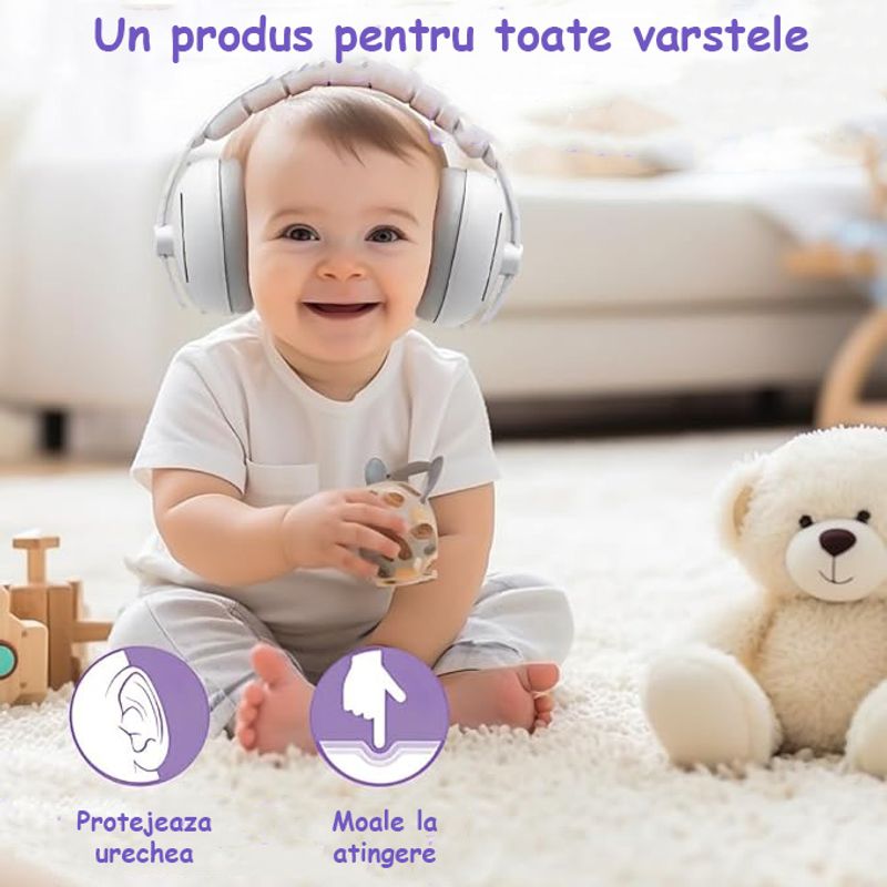 Jucarii, Copii si Bebe - Carucioare si articole de transport - Accesorii transport copii - Casti Antifonice 2 in 1 Pentru Bebelusi si Copii 3-48 luni, Bentita Moale si comoda, Anulare Zgomot 25dB, Gri - Infinity.ro