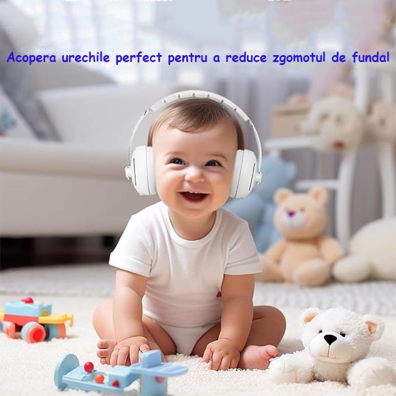 Jucarii, Copii si Bebe - Carucioare si articole de transport - Accesorii transport copii - Casti Antifonice 2 in 1 Pentru Bebelusi si Copii 3-48 luni, Bentita Moale, Protectie Auditiva, Anulare Zgomot 25dB, Albe - Infinity.ro