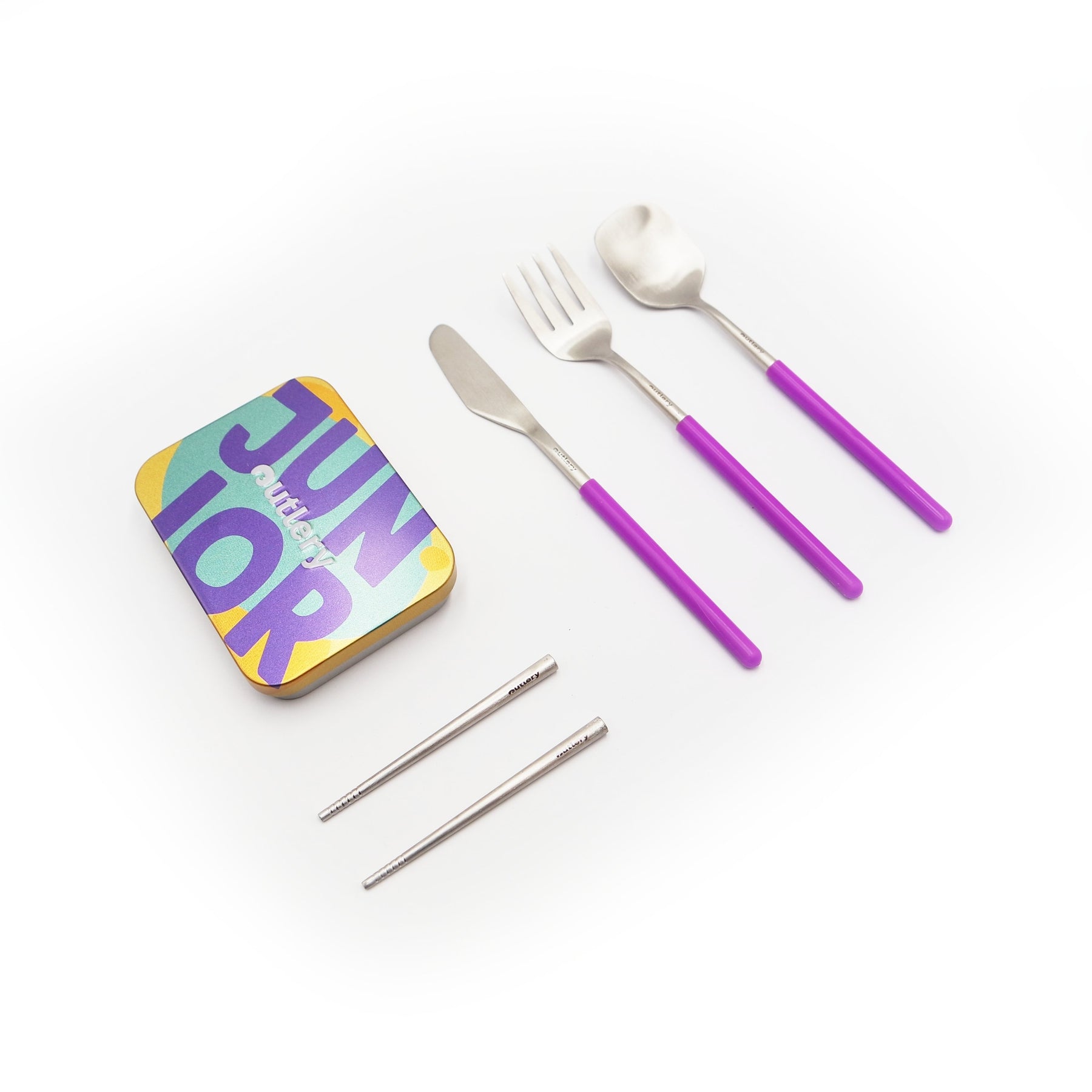 Tacamuri pentru transport/camping, Outlery, Set de 5, reutilizabile cu cutie metalica, pentru copii, mov