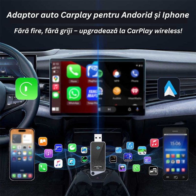 Auto si Moto - Electronice auto - Accesorii electronice auto - Adaptor Auto 2 in 1 CarPlay Wireless – Modulator FM Multifunctional, Compatibil iPhone si Android - Infinity.ro