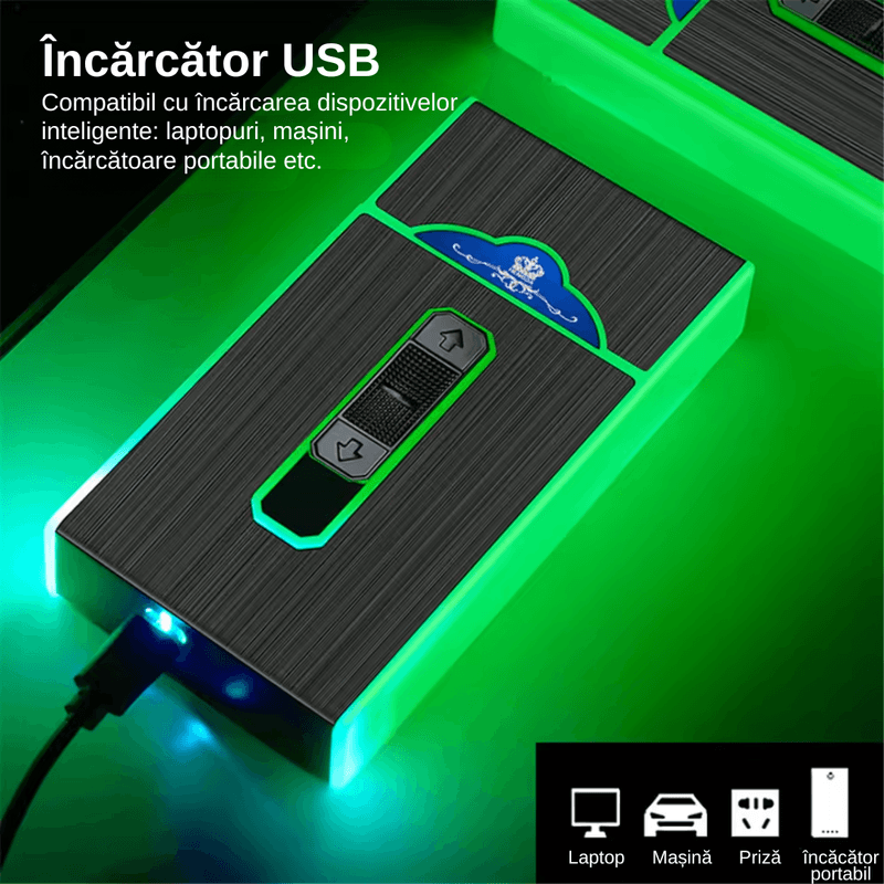 Market - Tutun si tigari - Articole si accesorii tutun - Bricheta Electrica LUDORA®, Cu Carcasa Pachet Tigari, Stil Tabachera, Aprindere la Buton, Antivant, Incarcare USB - Infinity.ro