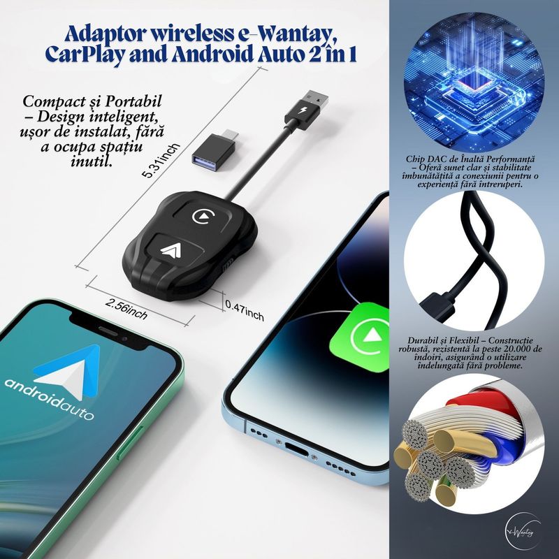 PC, gaming si accesorii - Retelistica - Wireless - Adaptoare wireless - Adaptor wireless e-Wantay, CarPlay si Android Auto 2 in 1–Conectare Automata Fara Fir, Plug & Play - Infinity.ro