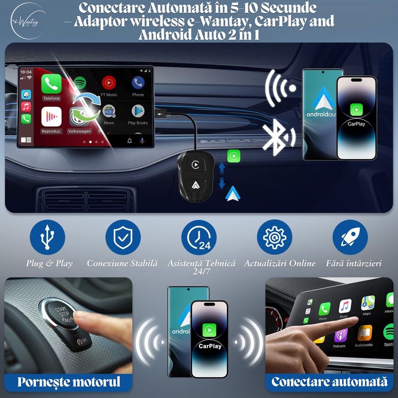 PC, gaming si accesorii - Retelistica - Wireless - Adaptoare wireless - Adaptor wireless e-Wantay, CarPlay si Android Auto 2 in 1–Conectare Automata Fara Fir, Plug & Play - Infinity.ro