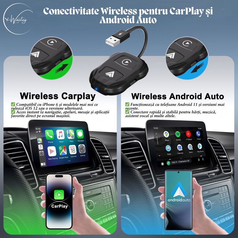 PC, gaming si accesorii - Retelistica - Wireless - Adaptoare wireless - Adaptor wireless e-Wantay, CarPlay si Android Auto 2 in 1–Conectare Automata Fara Fir, Plug & Play - Infinity.ro