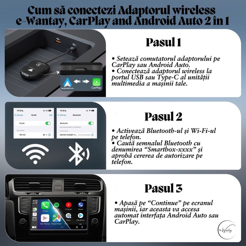 PC, gaming si accesorii - Retelistica - Wireless - Adaptoare wireless - Adaptor wireless e-Wantay, CarPlay si Android Auto 2 in 1–Conectare Automata Fara Fir, Plug & Play - Infinity.ro