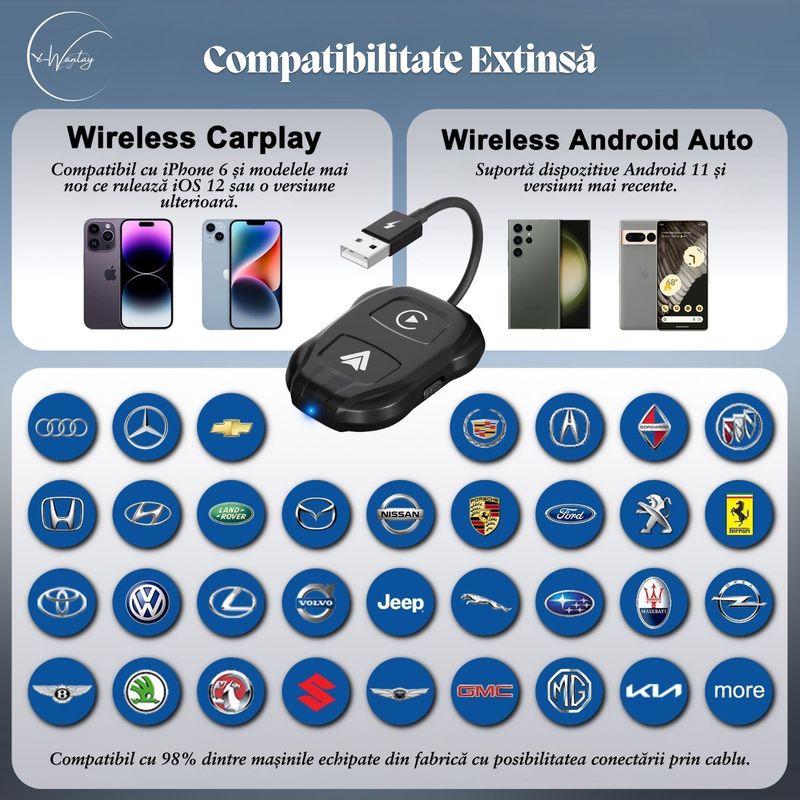 PC, gaming si accesorii - Retelistica - Wireless - Adaptoare wireless - Adaptor wireless e-Wantay, CarPlay si Android Auto 2 in 1–Conectare Automata Fara Fir, Plug & Play - Infinity.ro