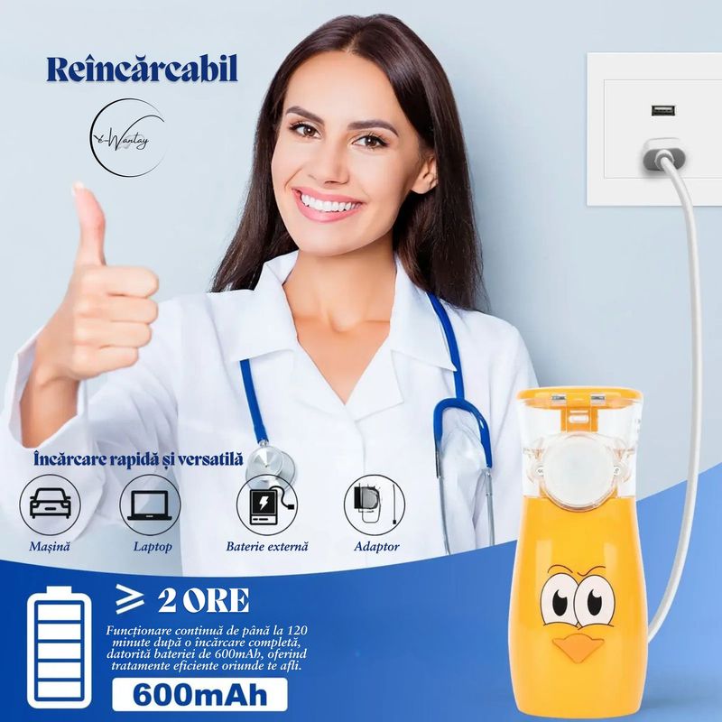 Jucarii, Copii si Bebe - Igiena si ingrijire - Accesorii ingrijire copii - Aparate aerosoli copii - Aparat Aerosoli Portabil cu Ultrasunete e-Wantay®,Silentios pentru copii si adulti,3 moduri,Baterie Reincarcabila 600mAh - Infinity.ro