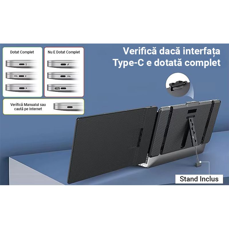 PC, gaming si accesorii - Desktop PC & monitoare - Monitoare - Monitor LED Portabil 14" Full HD, 180° rotativ, compatibil 13"-17", USB-C & HDMI, iOS, Android, Windows, Mac, Plug&Play - Infinity.ro