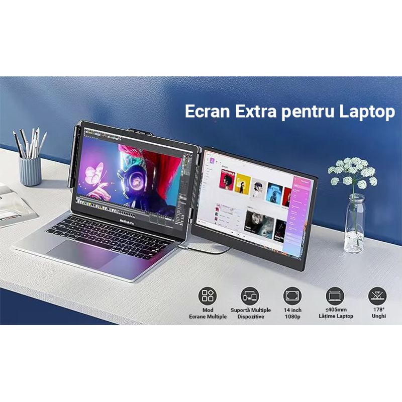 PC, gaming si accesorii - Desktop PC & monitoare - Monitoare - Monitor LED Portabil 14" Full HD, 180° rotativ, compatibil 13"-17", USB-C & HDMI, iOS, Android, Windows, Mac, Plug&Play - Infinity.ro