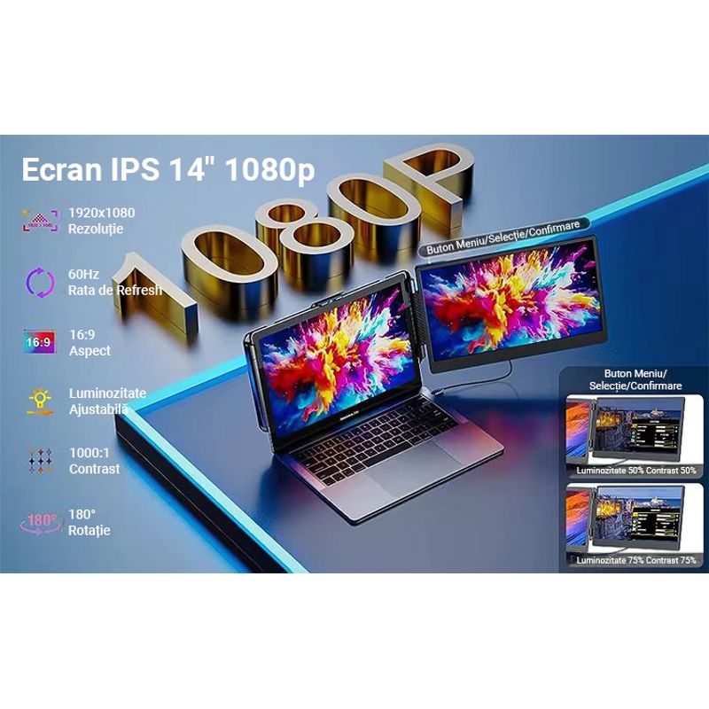 PC, gaming si accesorii - Desktop PC & monitoare - Monitoare - Monitor LED Portabil 14" Full HD, 180° rotativ, compatibil 13"-17", USB-C & HDMI, iOS, Android, Windows, Mac, Plug&Play - Infinity.ro
