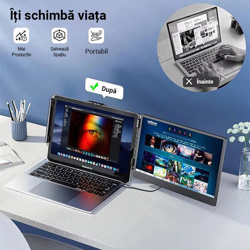 PC, gaming si accesorii - Desktop PC & monitoare - Monitoare - Monitor LED Portabil 14" Full HD, 180° rotativ, compatibil 13"-17", USB-C & HDMI, iOS, Android, Windows, Mac, Plug&Play - Infinity.ro