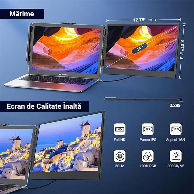 PC, gaming si accesorii - Desktop PC & monitoare - Monitoare - Monitor LED Portabil 14" Full HD, 180° rotativ, compatibil 13"-17", USB-C & HDMI, iOS, Android, Windows, Mac, Plug&Play - Infinity.ro