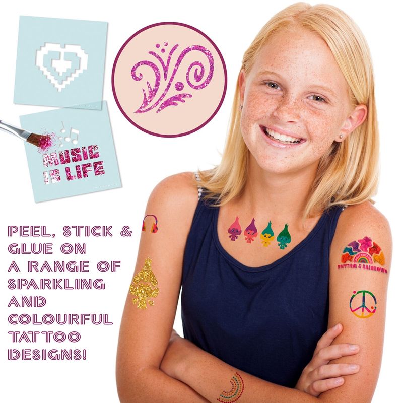 Jucarii, Copii si Bebe - Jucarii si jocuri - Jucarii de rol - Frumusete, bijuterii si accesorii fetite - Set tatuaje cu sclipici, pentru copii, multicolor, Dreamworks Trolls, RMS 64-0032 - Infinity.ro