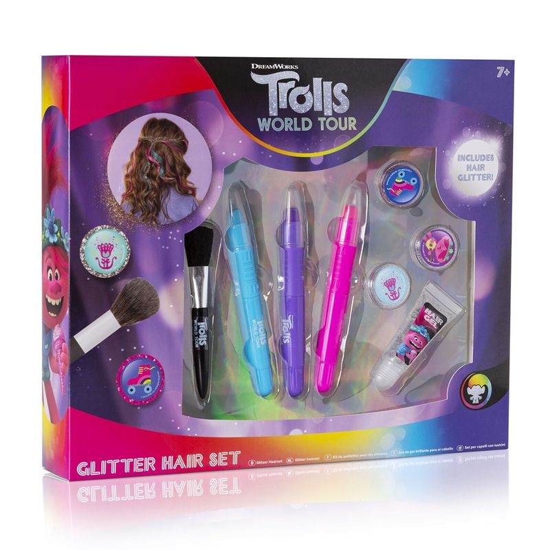 Jucarii, Copii si Bebe - Jucarii si jocuri - Jucarii de rol - Frumusete, bijuterii si accesorii fetite - Set creta pentru par, 3 culori, cu sclipici Dreamworks Trolls 64-0015 - Infinity.ro