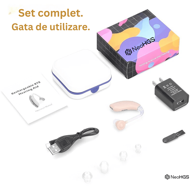 Ingrijire personala si Cosmetice - Sanatate si wellness - Aparate medicale - Aparate auditive - Aparat Auditiv reincarcabil NeoHGS™, cu Acumulator, 130 dB Amplificator de sunet, Autonomie 80 ore, Hipoacuzie - Infinity.ro
