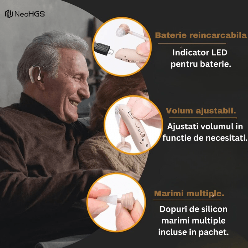 Ingrijire personala si Cosmetice - Sanatate si wellness - Aparate medicale - Aparate auditive - Aparat Auditiv reincarcabil NeoHGS™, cu Acumulator, 130 dB Amplificator de sunet, Autonomie 80 ore, Hipoacuzie - Infinity.ro