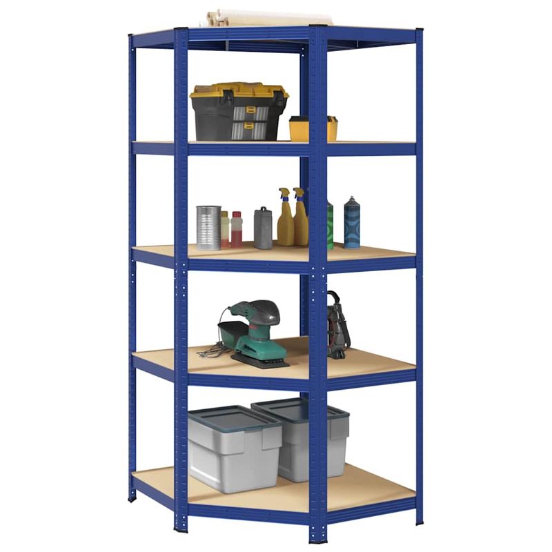 Casa si Gradina - Mobilier - Biblioteci si rafturi - Rafturi - Raft de colt cu 5 niveluri, albastru, otel și lemn prelucrat, mărime 90x90x198 cm - Infinity.ro