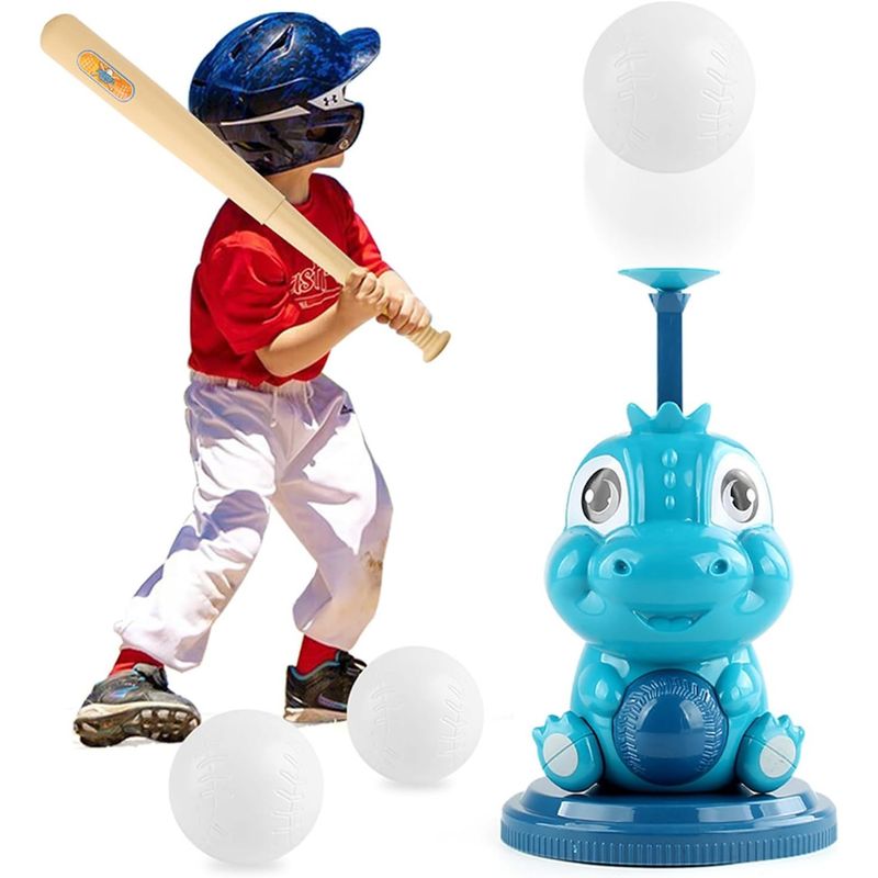 Jucarii, Copii si Bebe - Jucarii si jocuri - Jucarii de exterior - Alte jucarii de exterior - Set de Baseball 5 Piese pentru Copii, Flippy, Jucarie Dinosaur Press, 14x23 cm, Verde/Albastru - Infinity.ro
