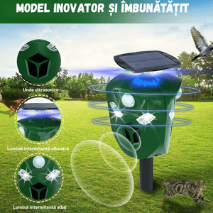 Dispozitiv Ultrasunete Anti-Daunatori BIRAI BR07, 360°, 3 Senzori IR, Solar/USB, LED, 5 Moduri, Verde