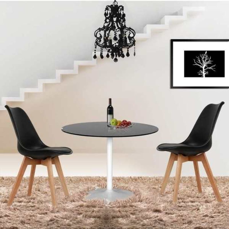 Casa si Gradina - Mobilier - Scaune si fotolii - Scaune - Set 3 Scaune cu Picioare din Lemn, Sezut din PP si Perna din Piele Ecologica, Maxim 120 Kg, 49 x 45 x 82 cm, Negru - Infinity.ro