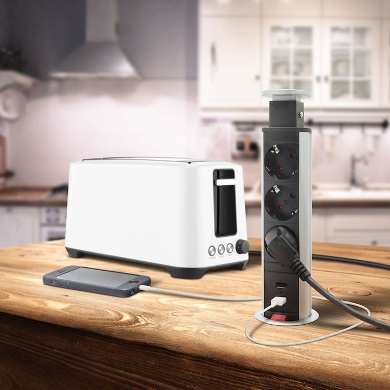 Casa si Gradina - Electrice - Accesorii electrice - Prelungitoare, triple, fise - Distribuitor 3 prize, protectie pentru copii, 2 USB, Carcasa Metalica, Montare pe Blat, 230 V, 60 x 350 mm, Argintiu - Infinity.ro
