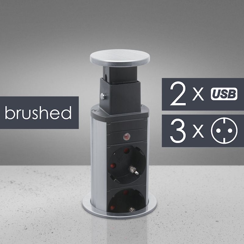Casa si Gradina - Electrice - Accesorii electrice - Prelungitoare, triple, fise - Distribuitor 3 prize, protectie pentru copii, 2 USB, Carcasa Metalica, Montare pe Blat, 230 V, 60 x 350 mm, Argintiu - Infinity.ro