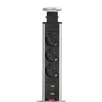 Casa si Gradina - Electrice - Accesorii electrice - Prelungitoare, triple, fise - Distribuitor 3 prize, protectie pentru copii, 2 USB, Carcasa Metalica, Montare pe Blat, 230 V, 60 x 350 mm, Argintiu - Infinity.ro