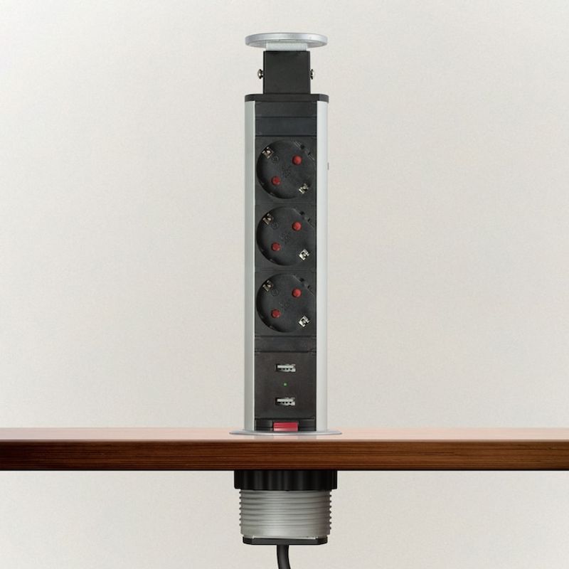 Casa si Gradina - Electrice - Accesorii electrice - Prelungitoare, triple, fise - Distribuitor 3 prize, protectie pentru copii, 2 USB, Carcasa Metalica, Montare pe Blat, 230 V, 60 x 350 mm, Argintiu - Infinity.ro