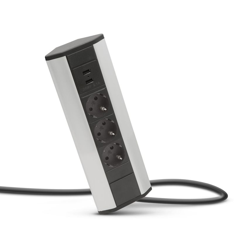 Casa si Gradina - Electrice - Accesorii electrice - Prelungitoare, triple, fise - Distribuitor 3 prize, protectie pentru copii si 2 USB, Montare pe Colt, Rabatabil, 250 V, 276 x 99.5 x 51.7 mm, Argintiu - Infinity.ro