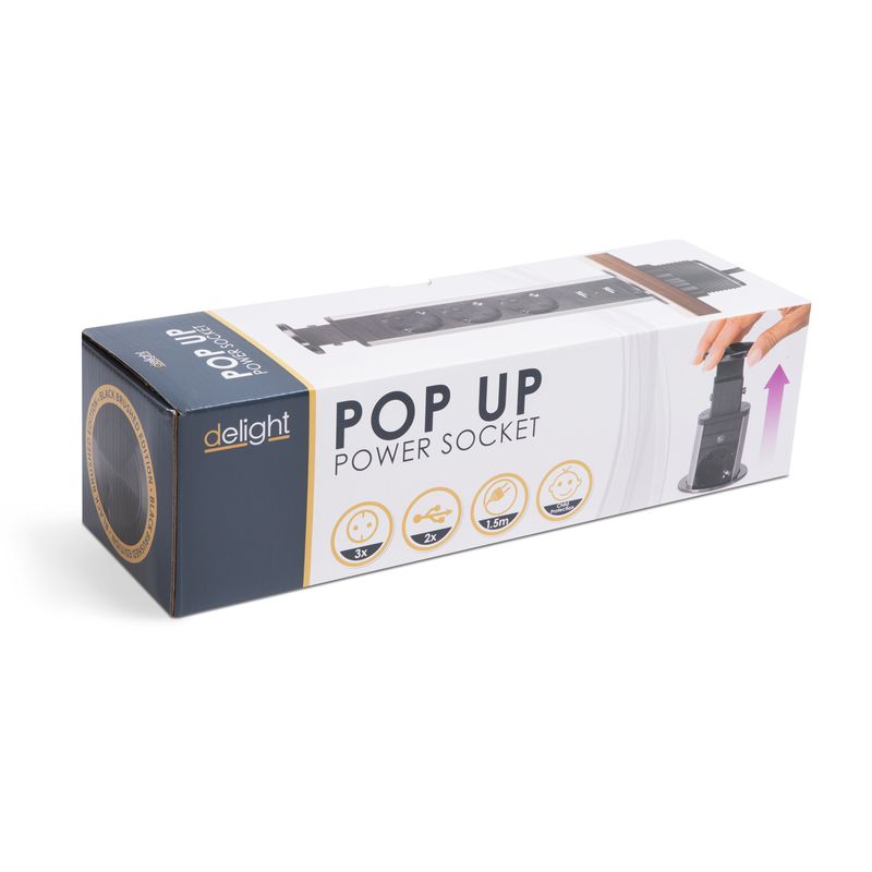 Casa si Gradina - Electrice - Accesorii electrice - Prelungitoare, triple, fise - Distribuitor 3 prize, protectie copii si 2 USB, Carcasa Metalica, Montare pe Blat, Pop-Up, 230 V, 60 x 350 mm, Negru - Infinity.ro