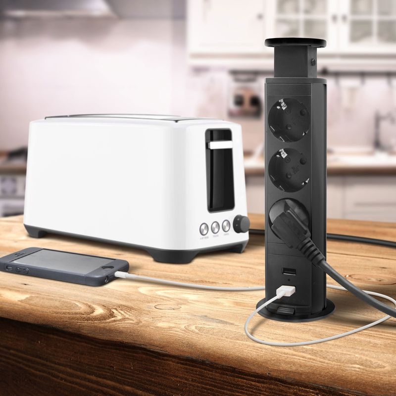 Casa si Gradina - Electrice - Accesorii electrice - Prelungitoare, triple, fise - Distribuitor 3 prize MK02 cu protectie impotriva copiilor, 2 x Port USB, incorporabil cu sistem Pop-Up, 230V, Negru - Infinity.ro