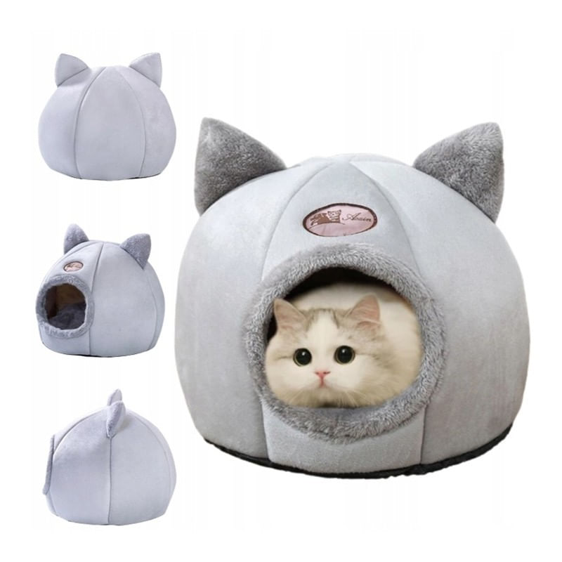 Petshop - Accesorii petshop - Culcusuri si custi - Culcusuri si saltele - Pat culcus de iarna pentru pisici, gri, model CAT HOUSE, KOT16 - Infinity.ro
