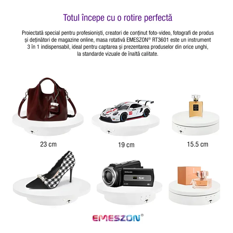 TV, Audio-Video si Foto - Aparate foto si accesorii - Accesorii foto si video - Alte accesorii foto & video - Masa Rotativa 360 electronica Foto si Video, EMESZON® RT3601, Oglinda, Stand Rotativ 3 in 1, Prezentare produse, Alb - Infinity.ro